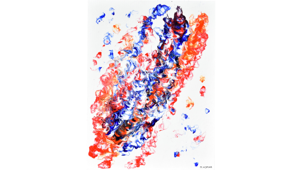 Cuadro llamado "El geni". Tiene 4 colores. Predomina el color blanco de fondo, el color azul eléctrico, el naranja y el rojo dando un toque moderno a la pieza. De entre las distintas formas que aparecen, se puede apreciar la forma de un genio arriba del todo.