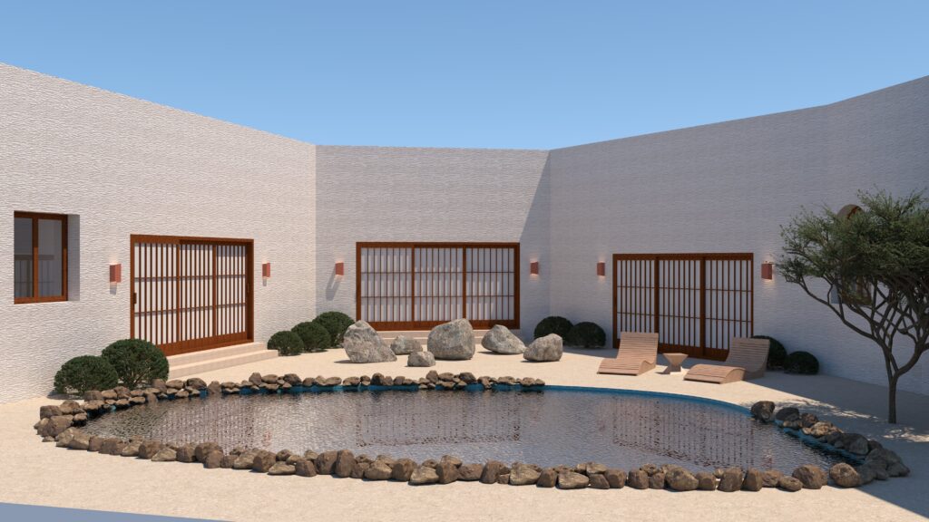 Proyecto vivienda unifamiliar. Imagen jardín con piscina